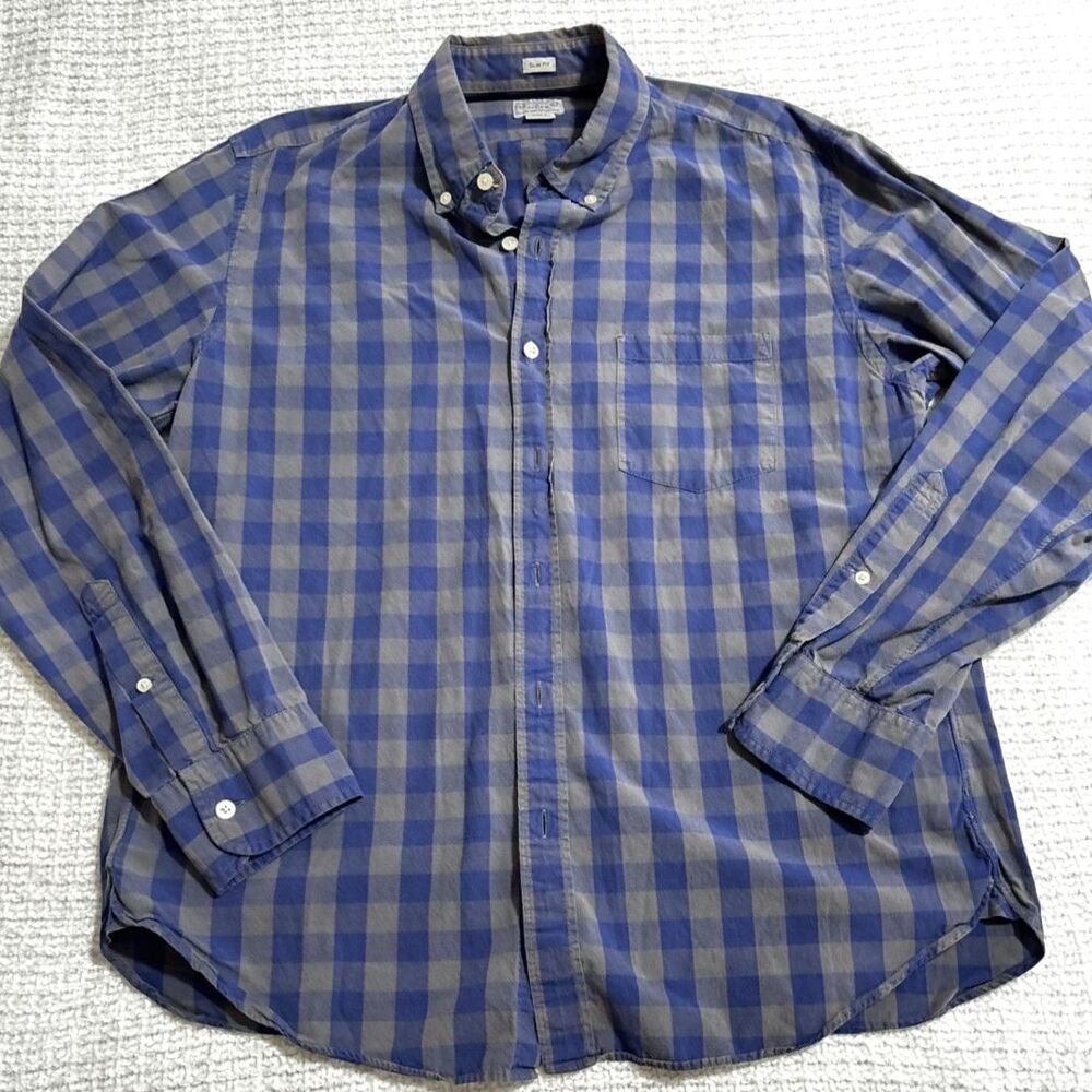 J.Crew Cabincore Slim Fit Button Down Mens L Blue Gray Check Plaid Cotton Camp
